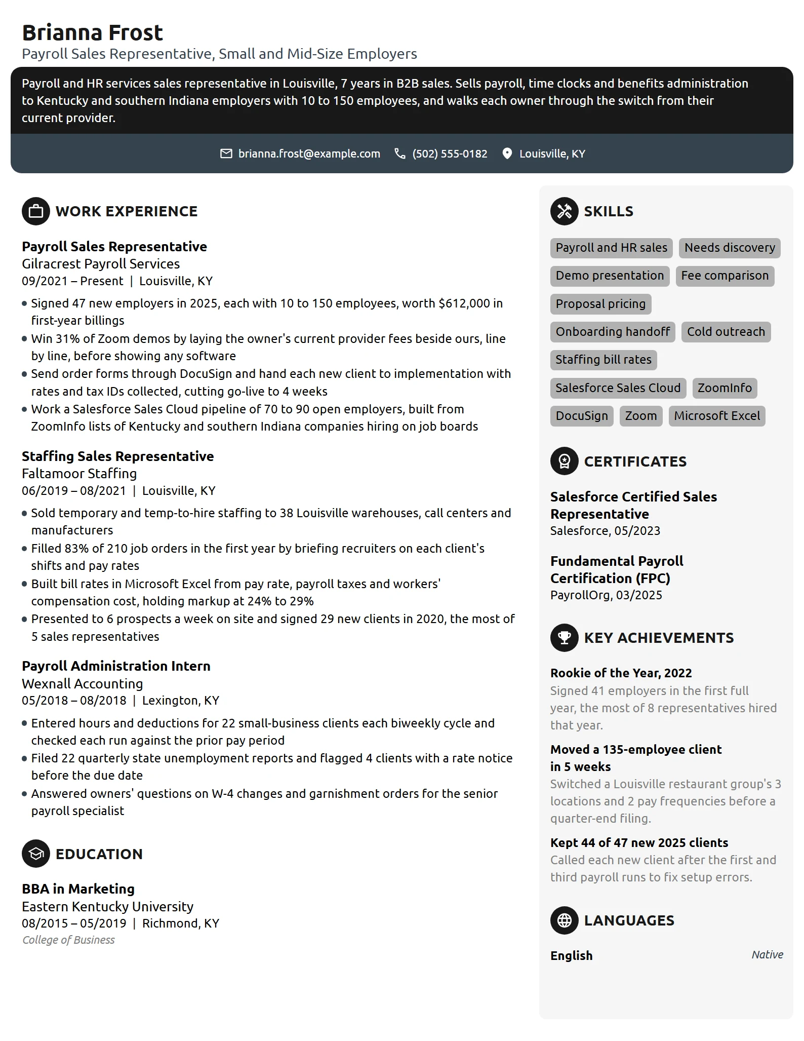 Payroll Sales Representative resume example