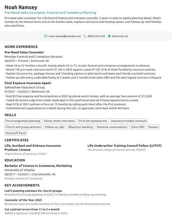 Pre-Need Sales Counselor resume example