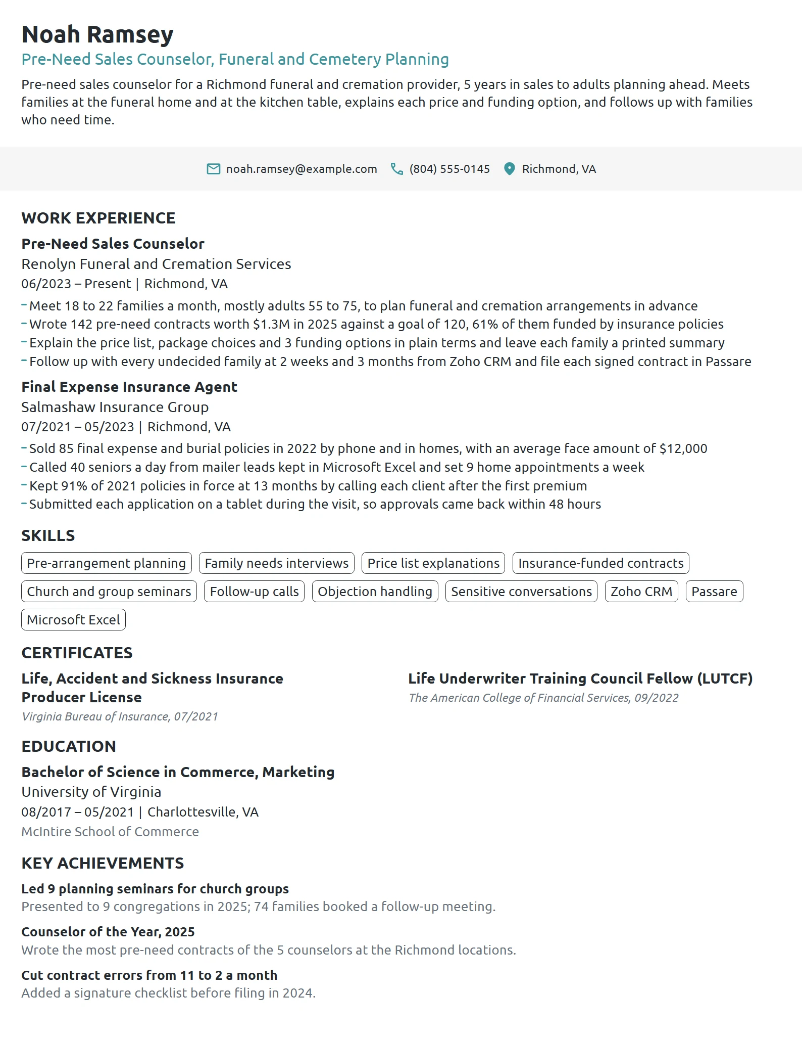 Pre-Need Sales Counselor resume example