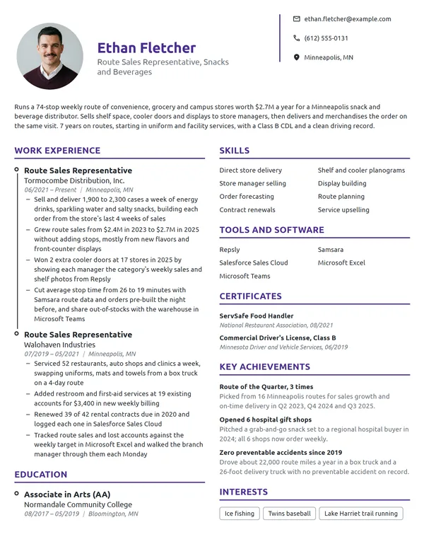 Route Sales Representative resume example