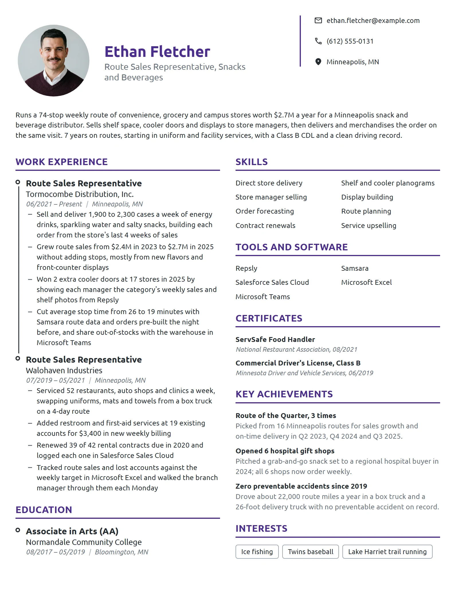 Route Sales Representative resume example