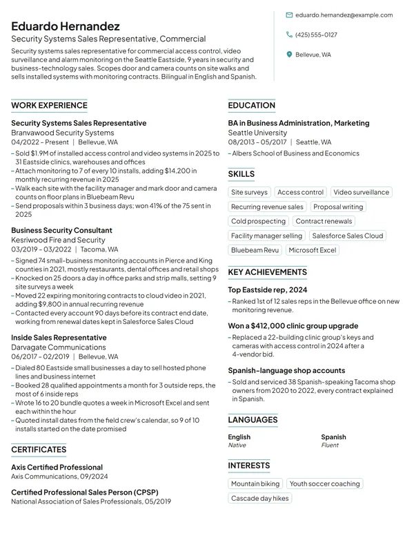 Security Systems Sales Representative resume example