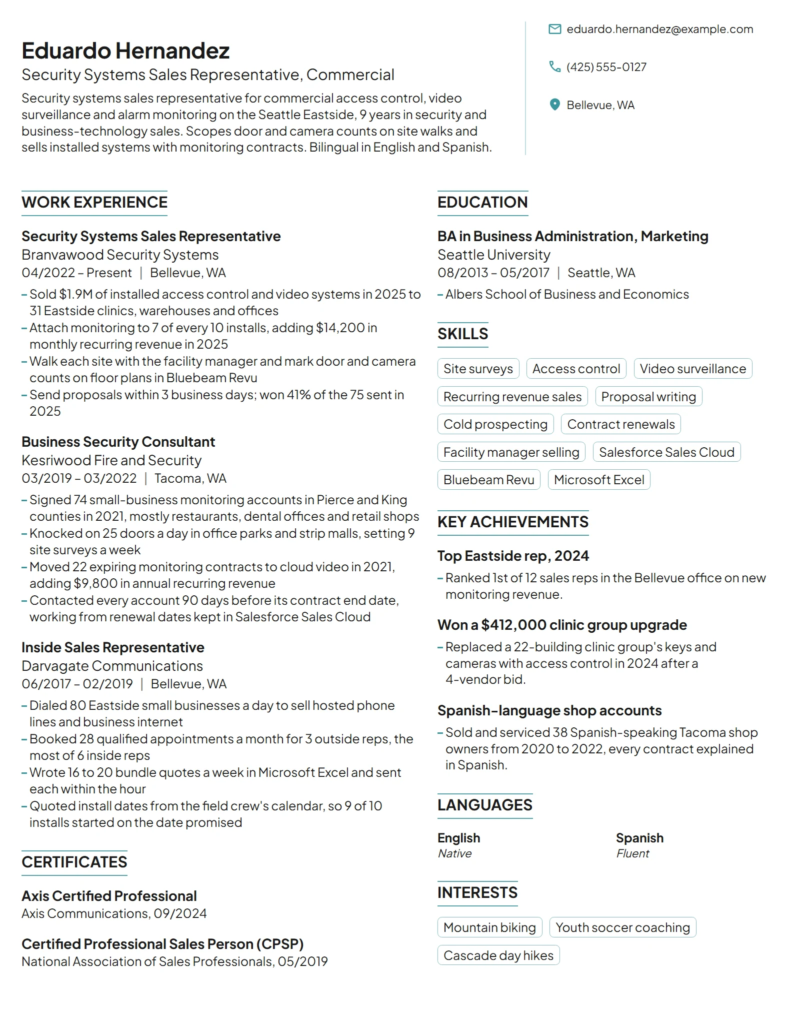 Security Systems Sales Representative resume example