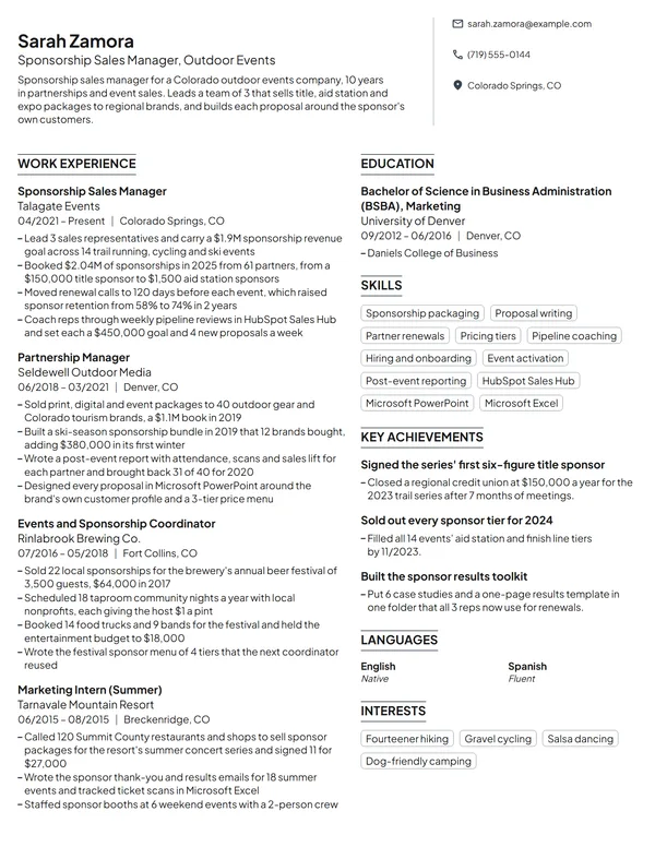 Sponsorship Sales Manager resume example