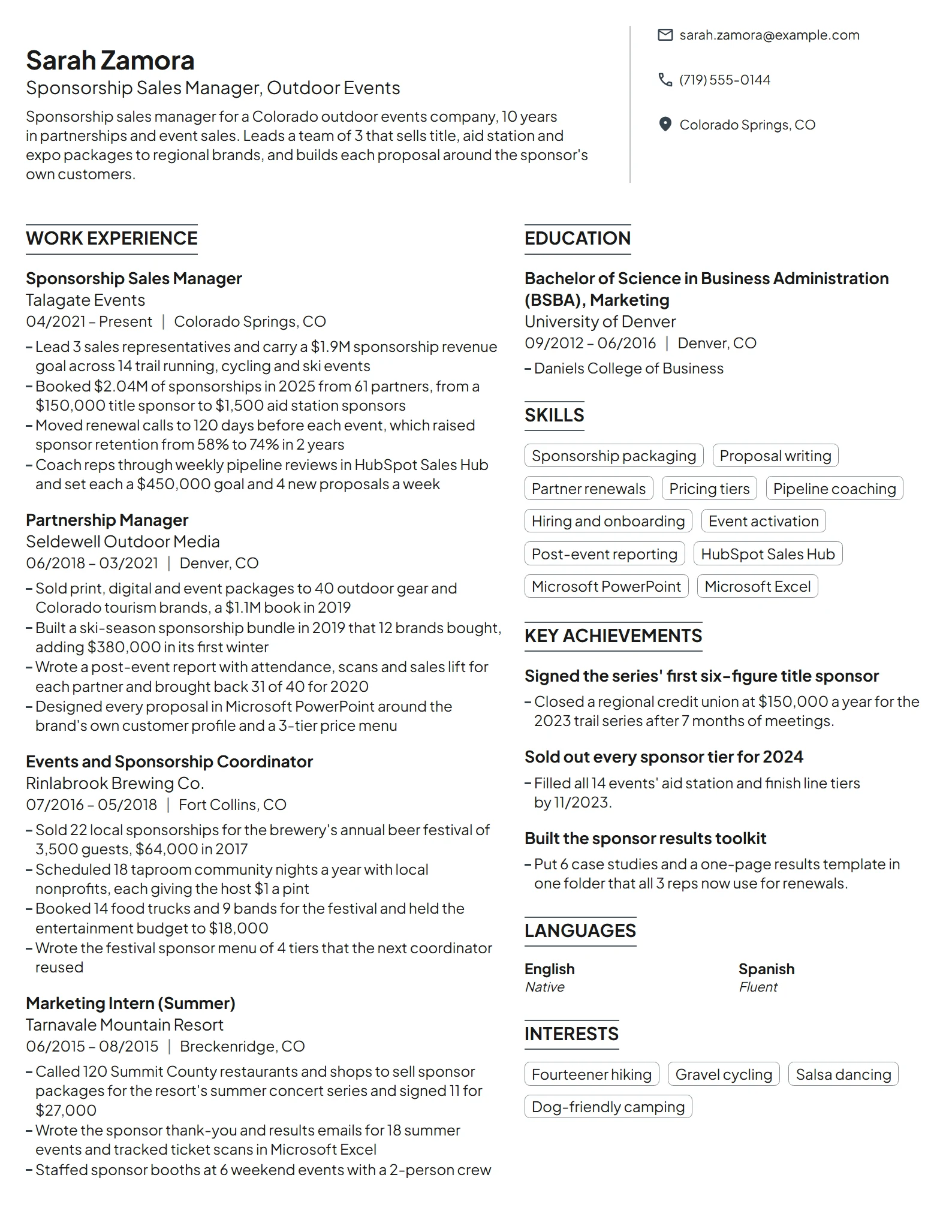 Sponsorship Sales Manager resume example