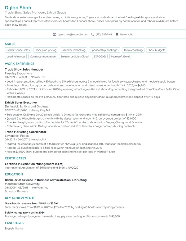 Trade Show Sales Manager resume example