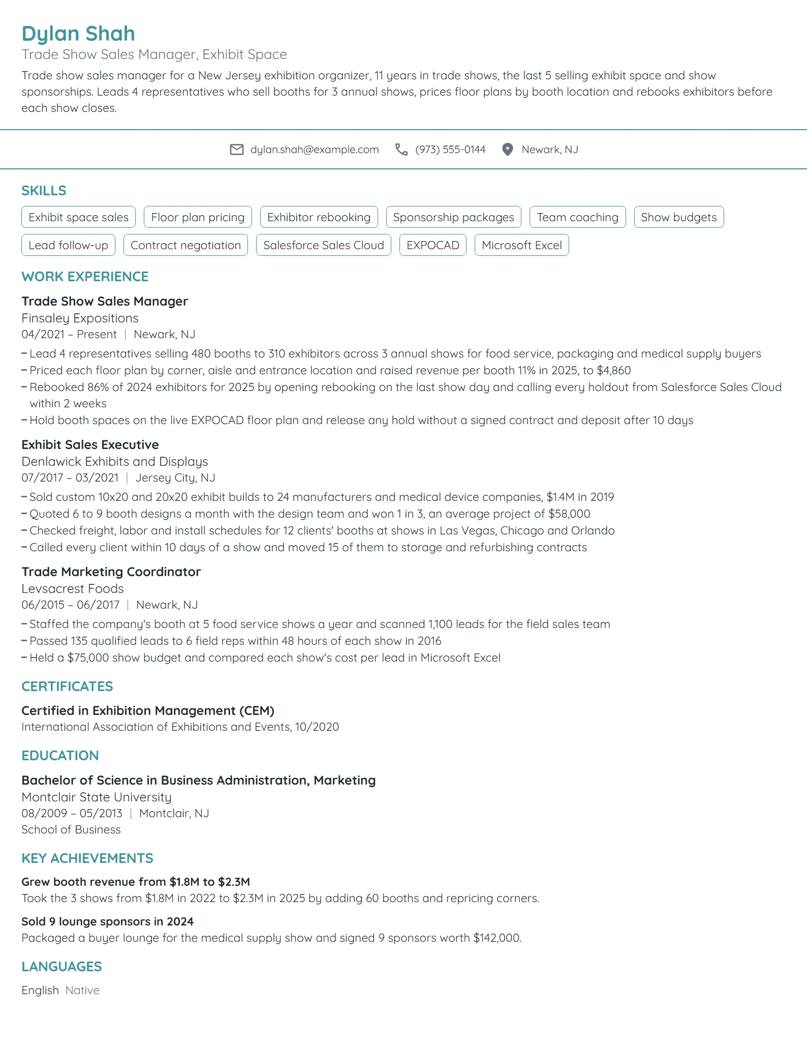 Trade Show Sales Manager resume example