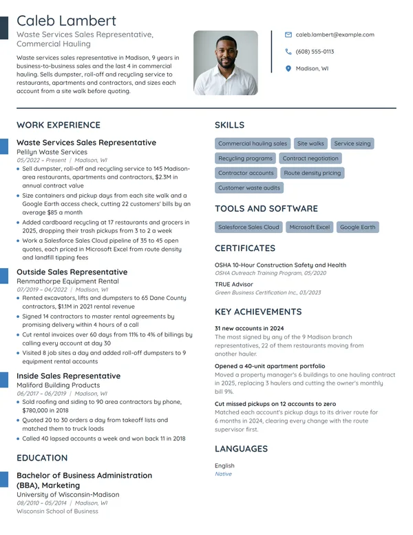 Waste Services Sales Representative resume example