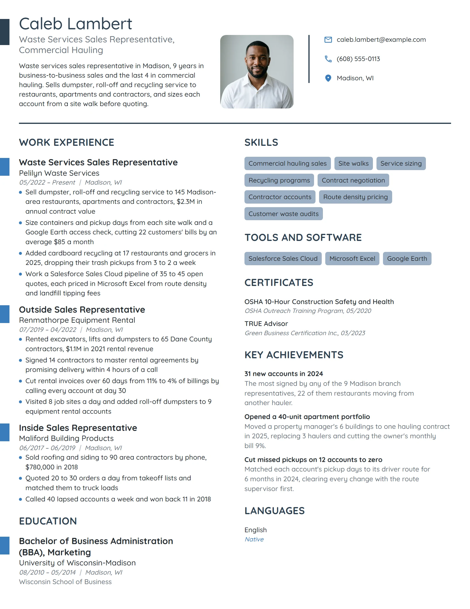 Waste Services Sales Representative resume example