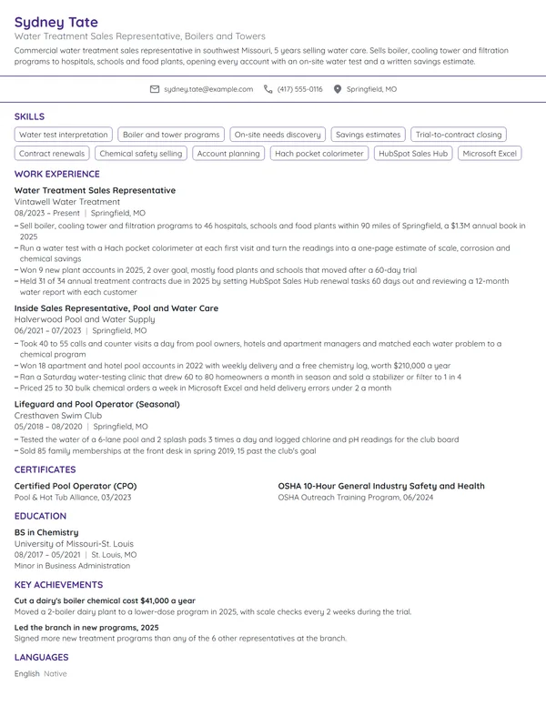 Water Treatment Sales Representative resume example