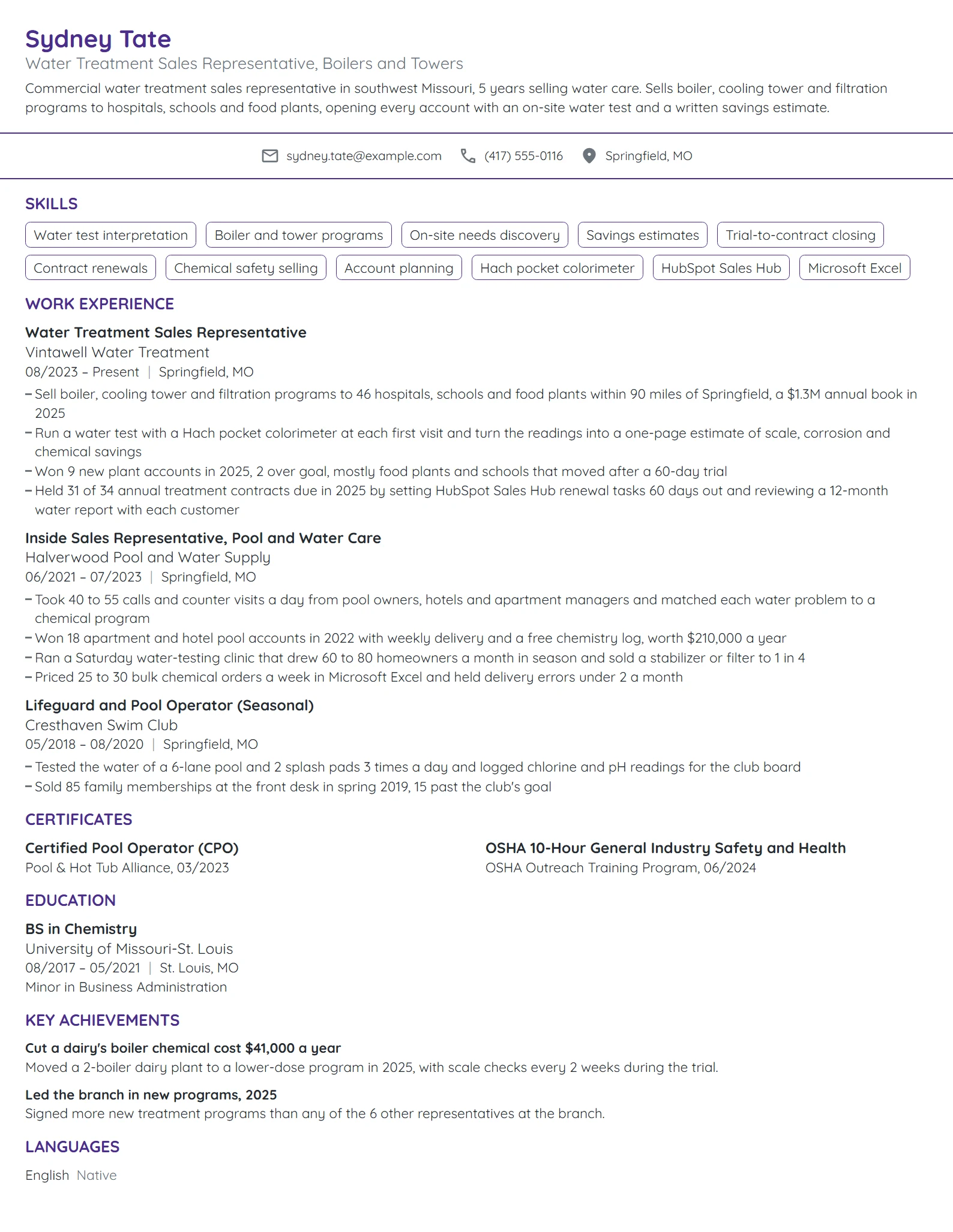 Water Treatment Sales Representative resume example