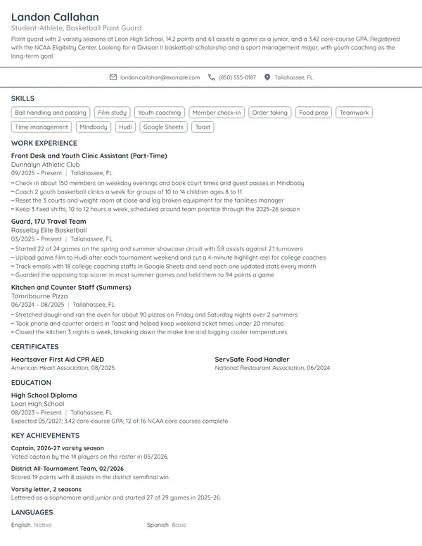 Athletic Scholarship resume example