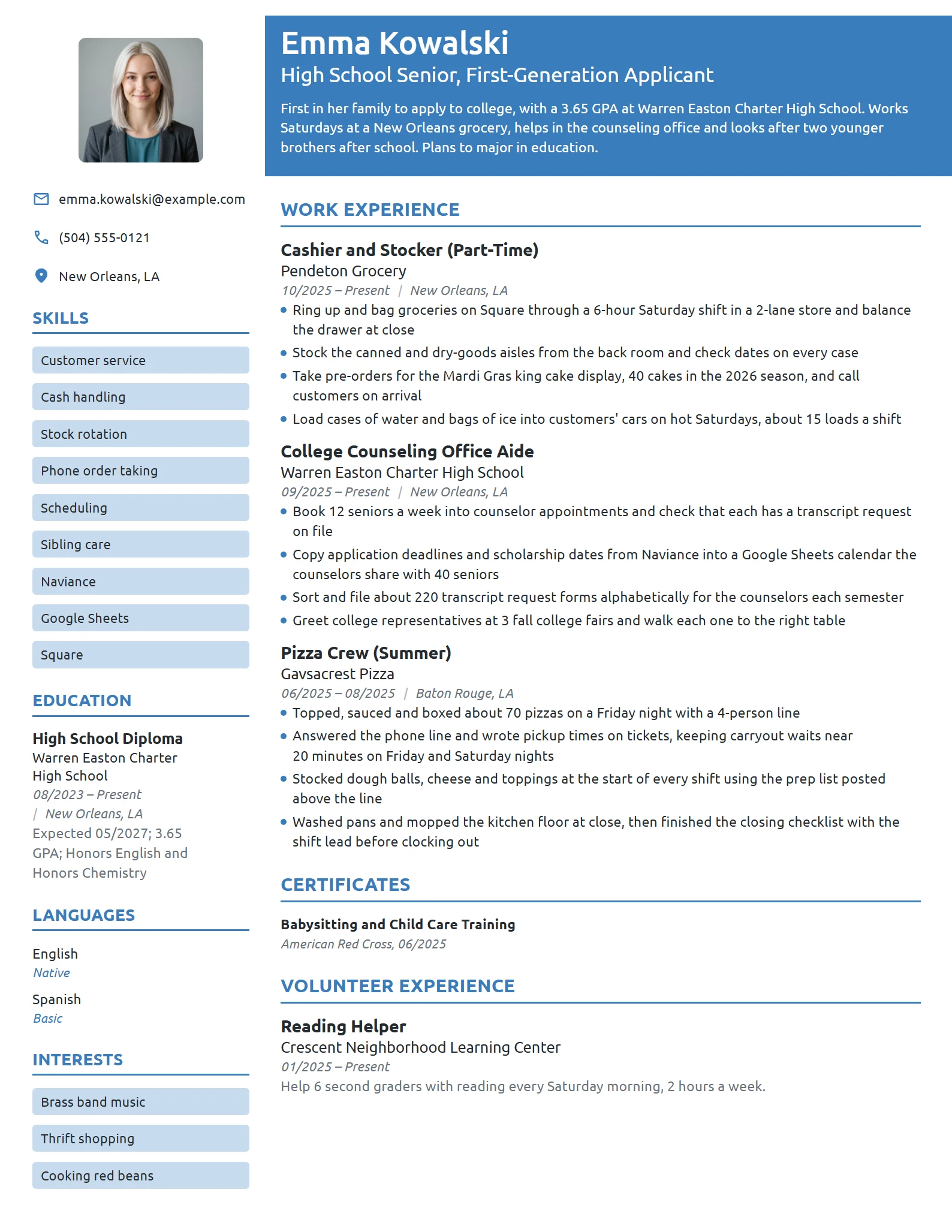 First-Generation Scholarship resume example