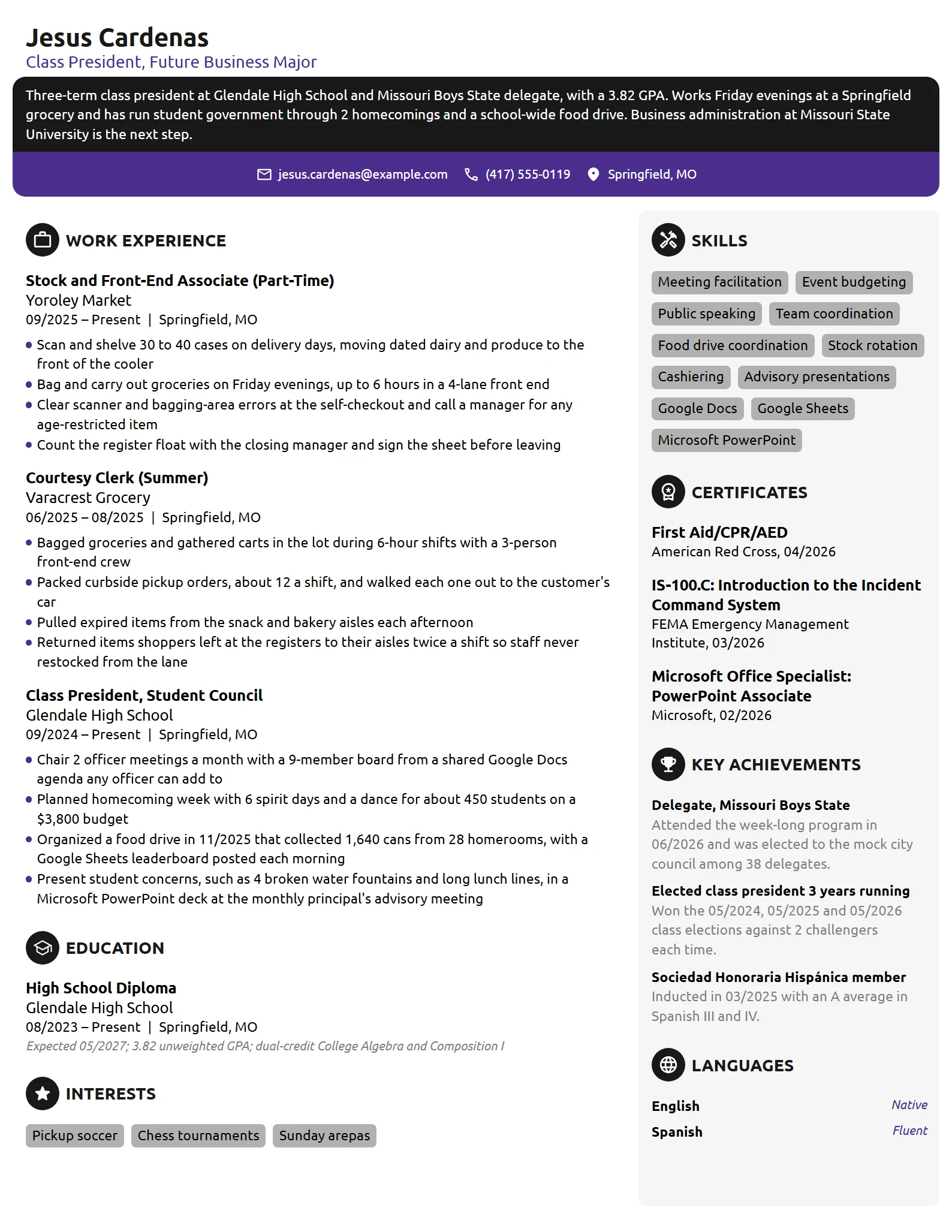 Leadership Scholarship resume example