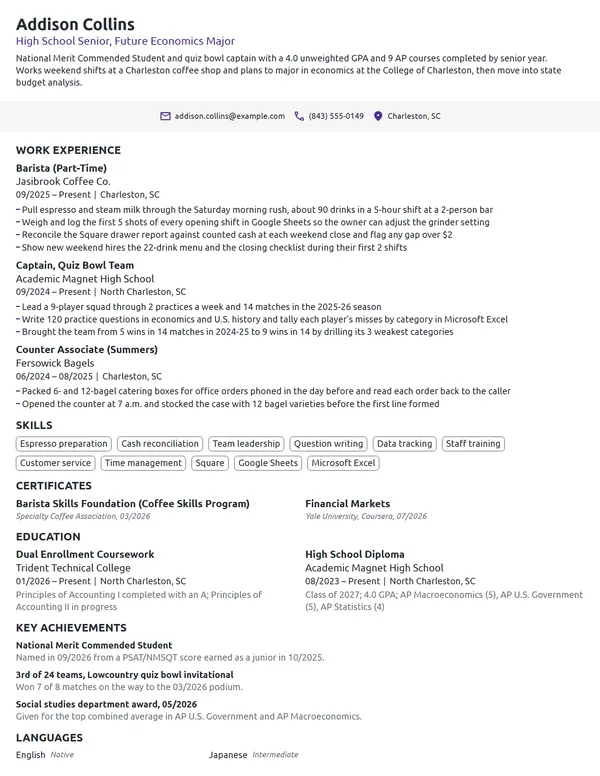 Merit Scholarship resume example