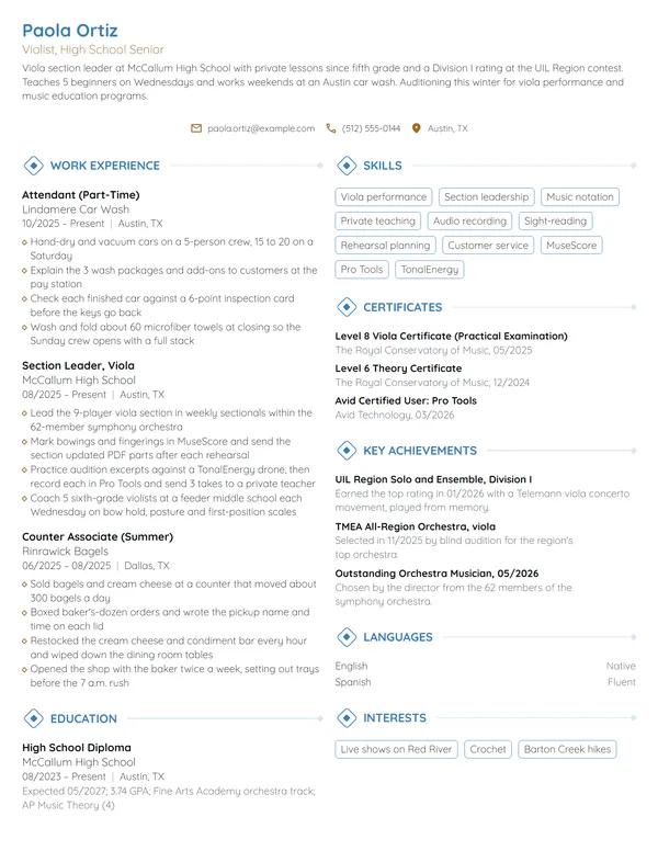 Music Scholarship resume example