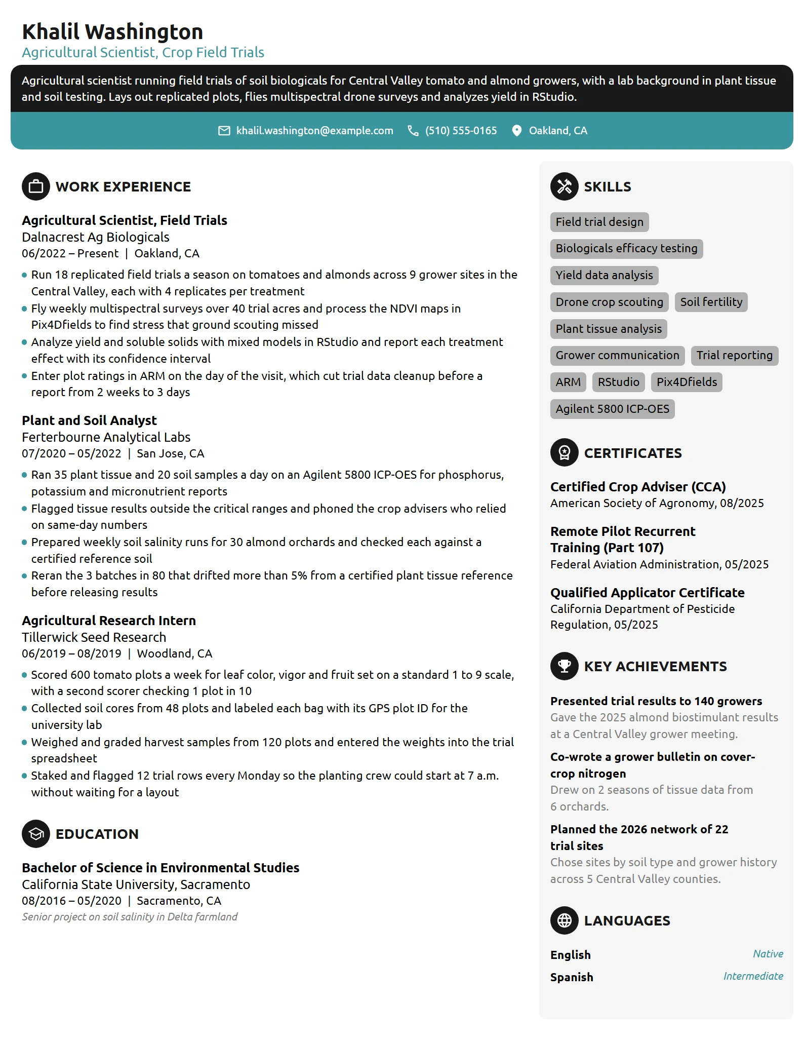 Agricultural Scientist resume example