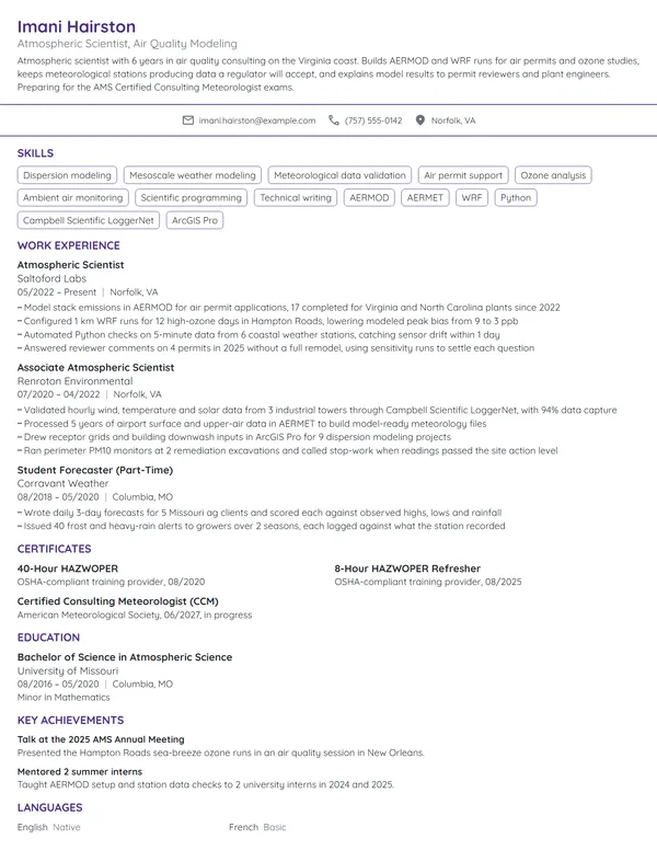 Atmospheric Scientist resume example