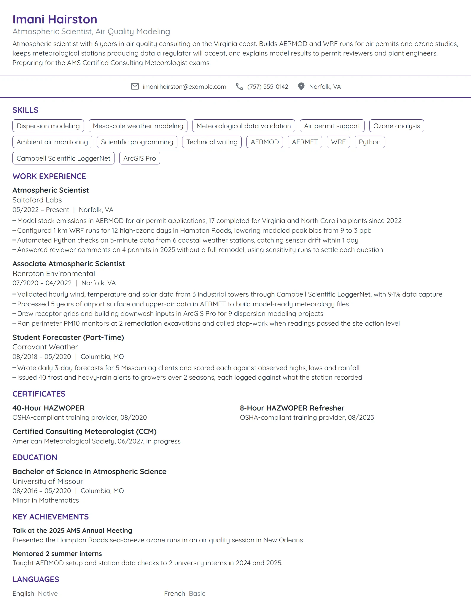 Atmospheric Scientist resume example