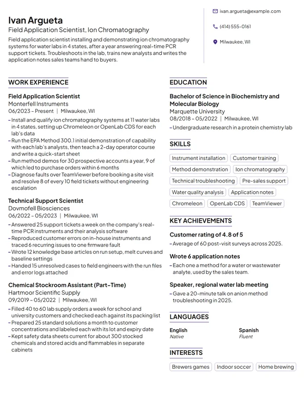 Field Application Scientist resume example