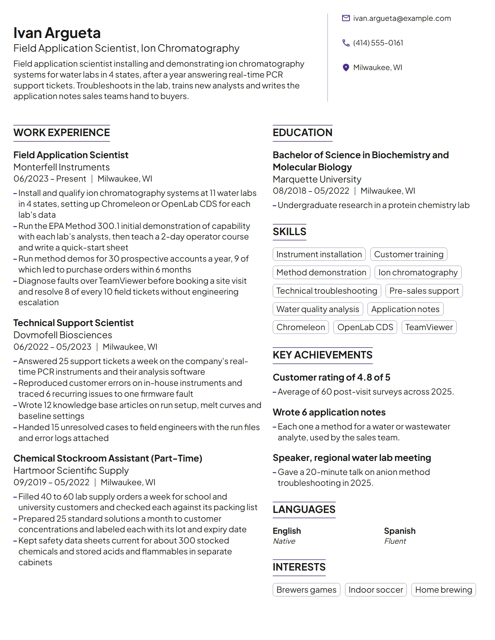 Field Application Scientist resume example