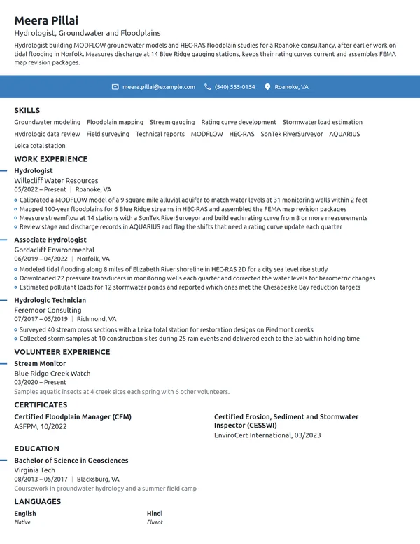 Hydrologist resume example