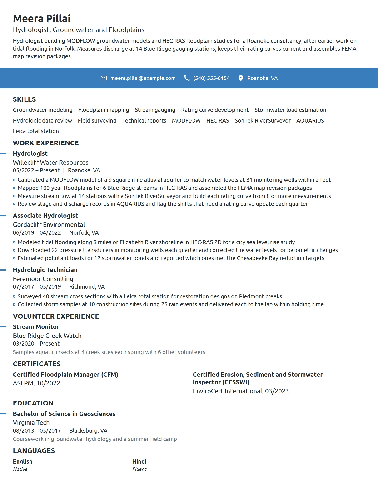 Hydrologist resume example