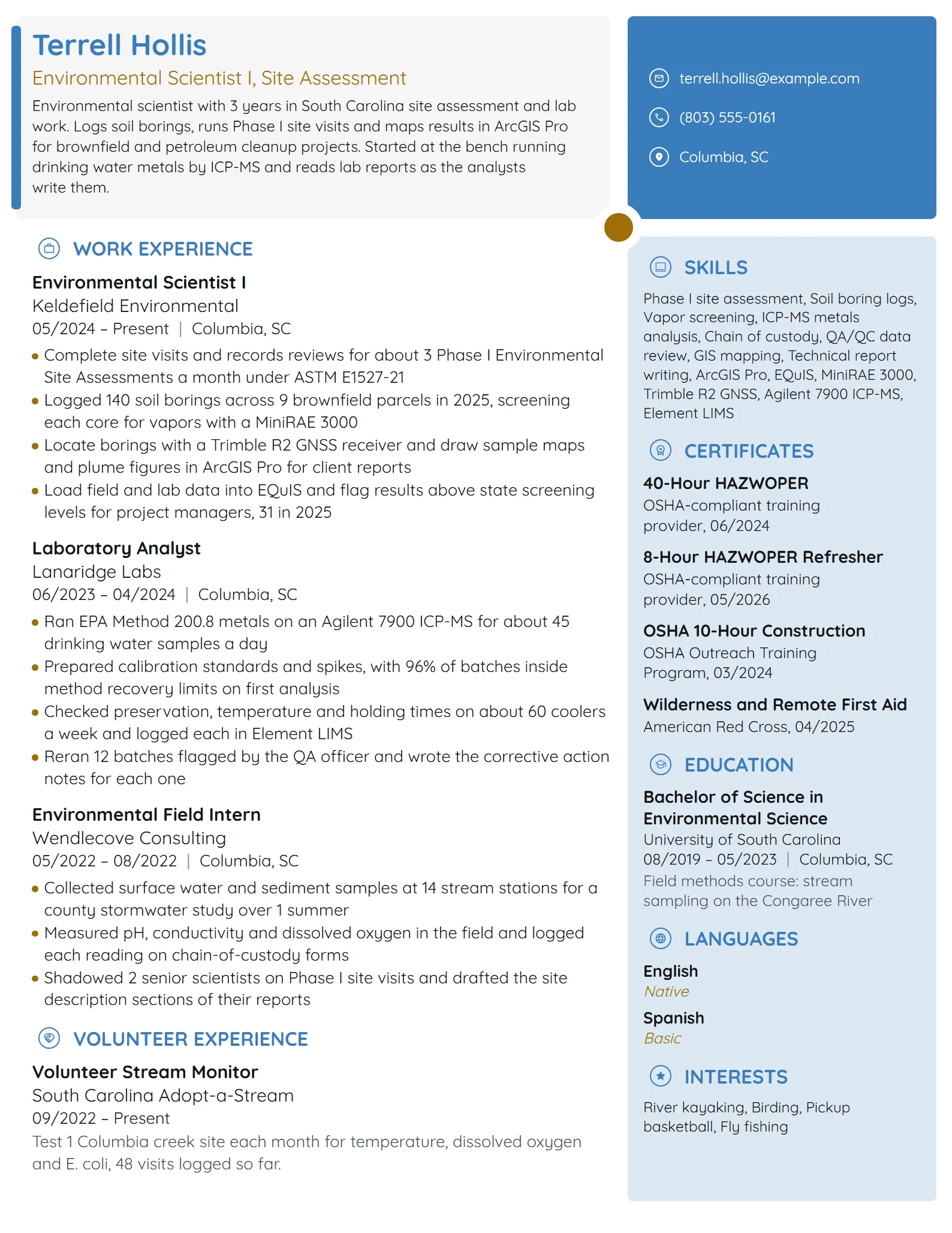 Junior Environmental Scientist resume example