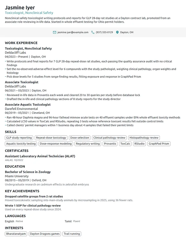 Toxicologist resume example