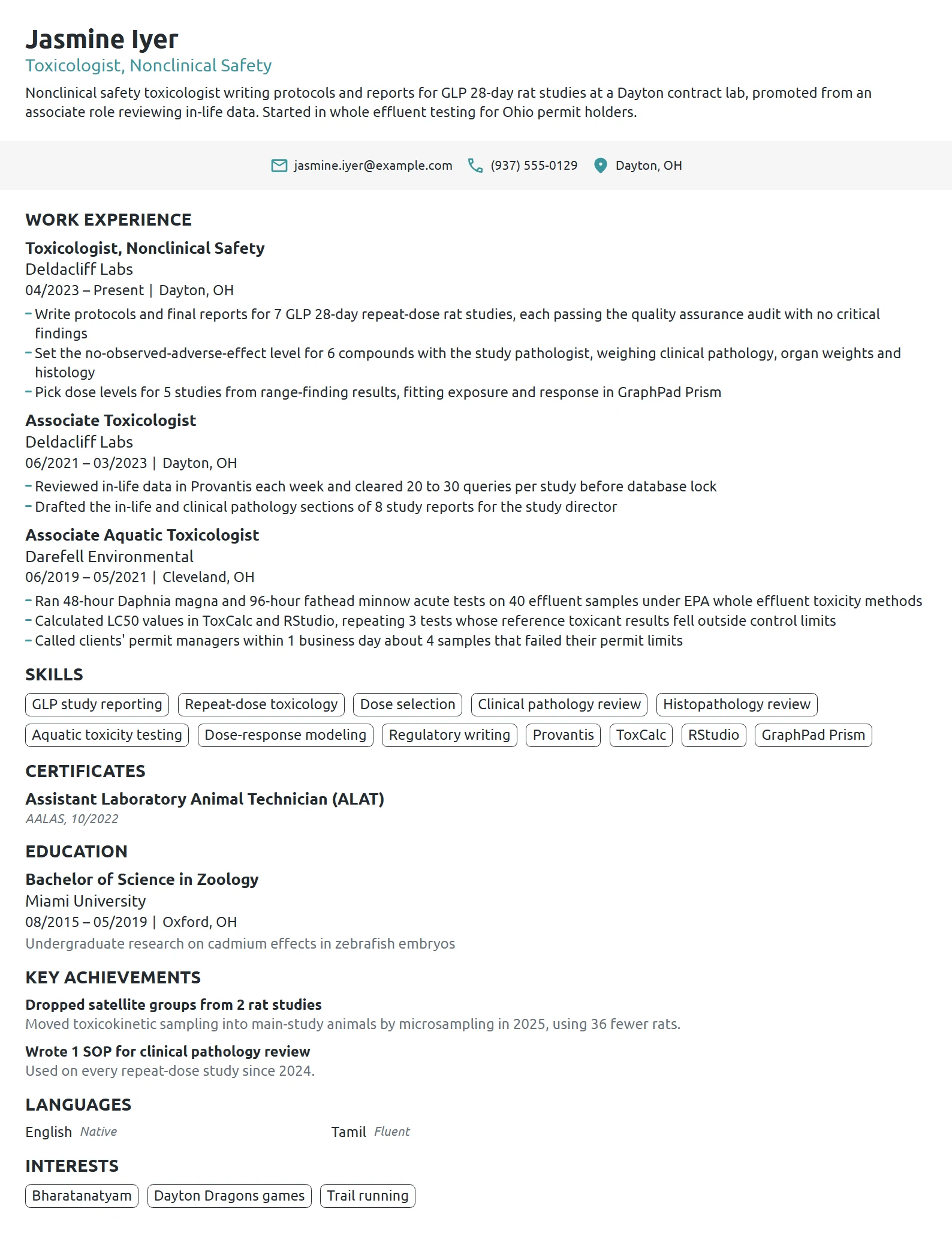 Toxicologist resume example