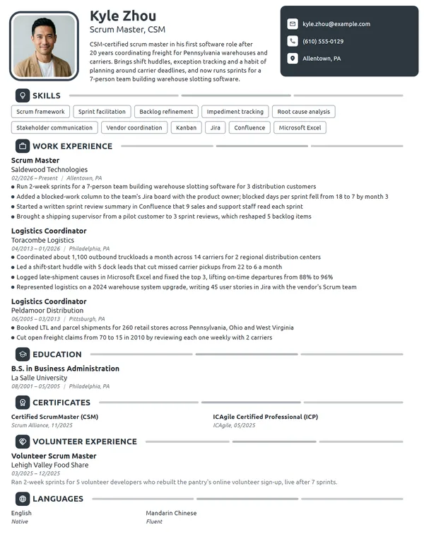 Career Change Scrum Master resume example