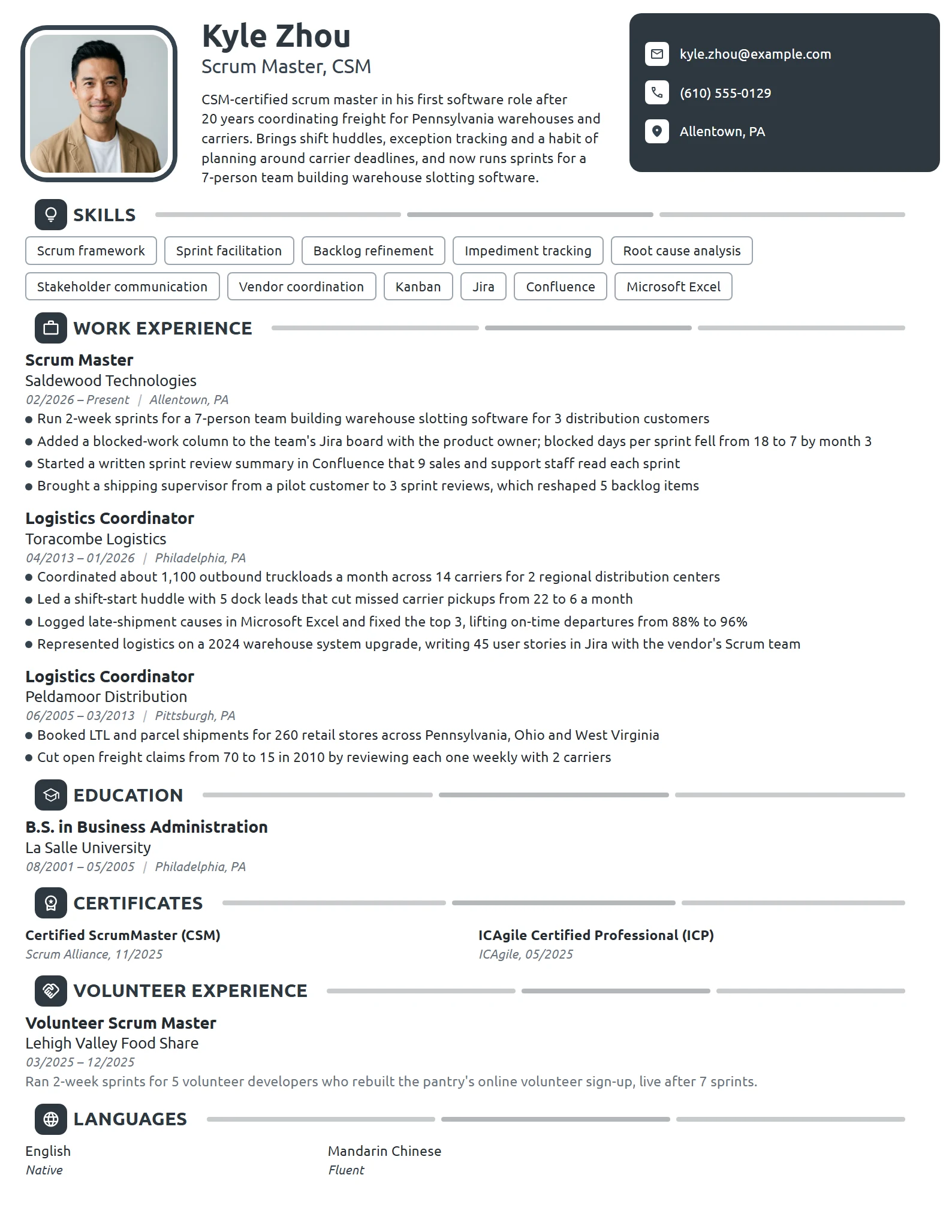 Career Change Scrum Master resume example