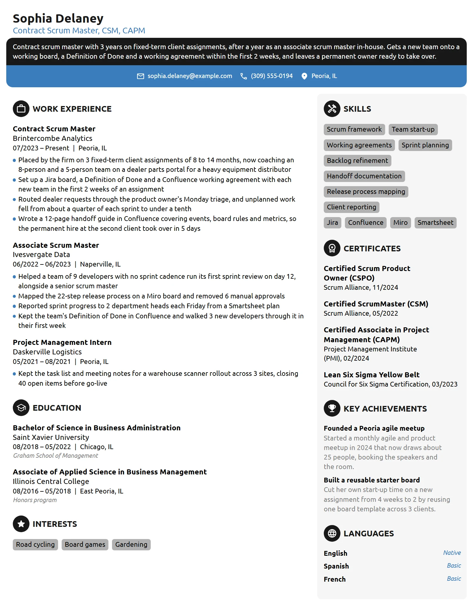 Contract Scrum Master resume example