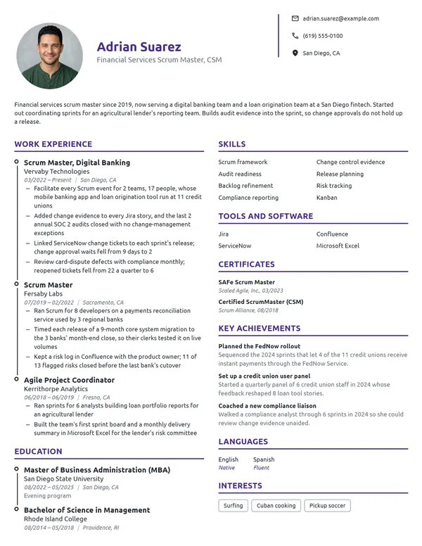 Financial Services Scrum Master resume example