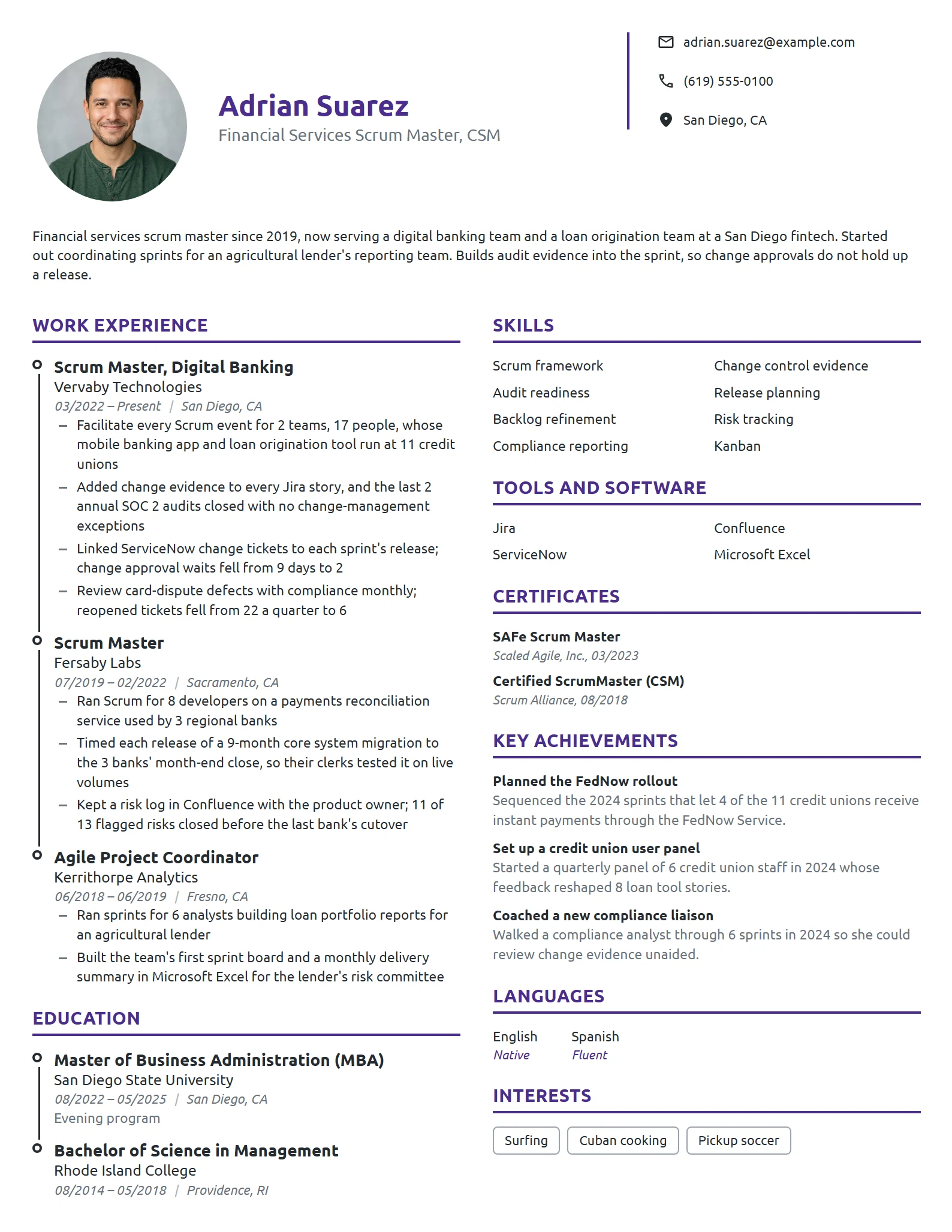 Financial Services Scrum Master resume example