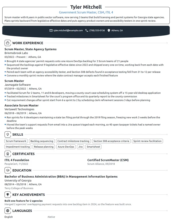 Government Scrum Master resume example