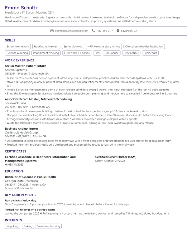 Healthcare IT Scrum Master resume example