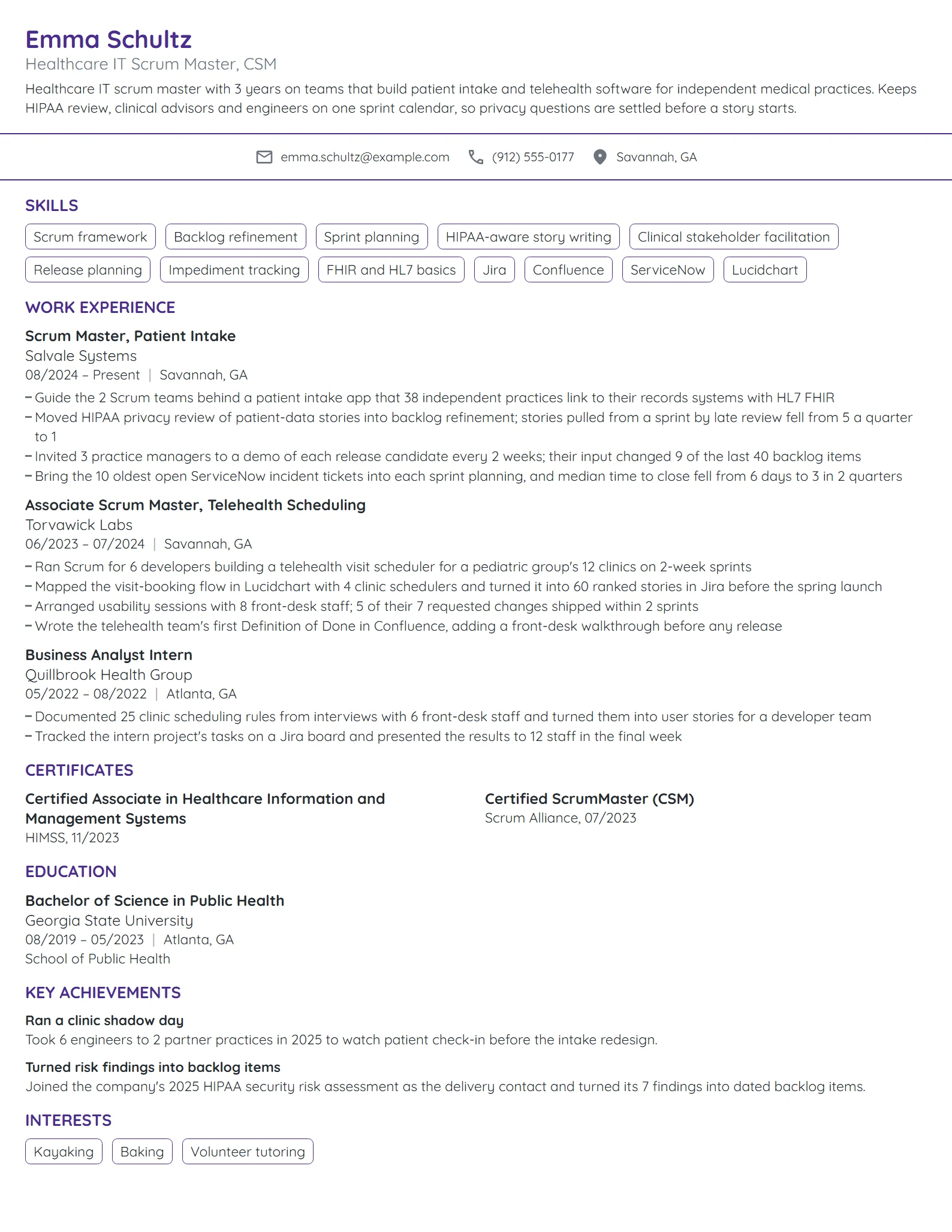 Healthcare IT Scrum Master resume example