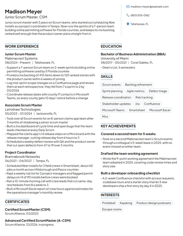 Junior Scrum Master resume example