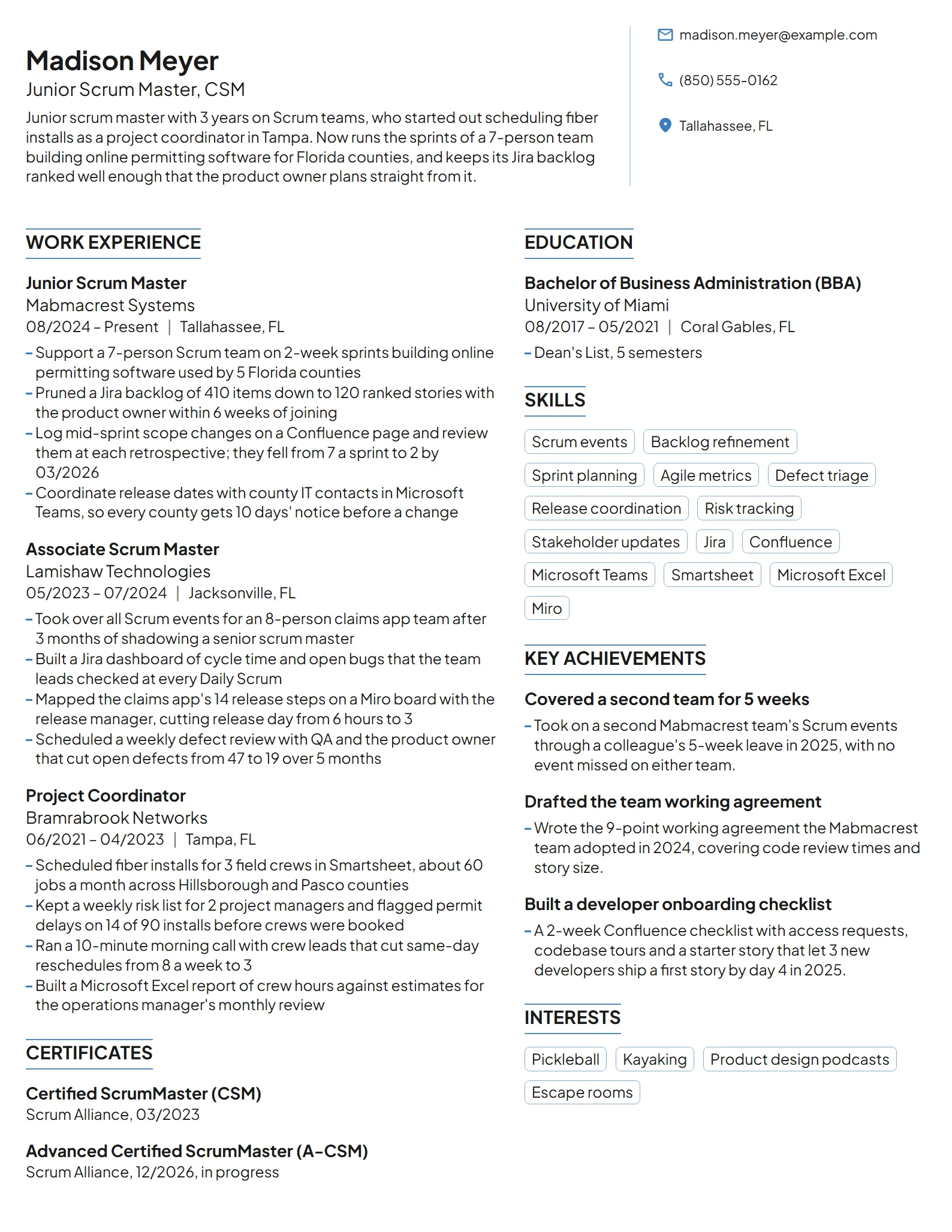 Junior Scrum Master resume example