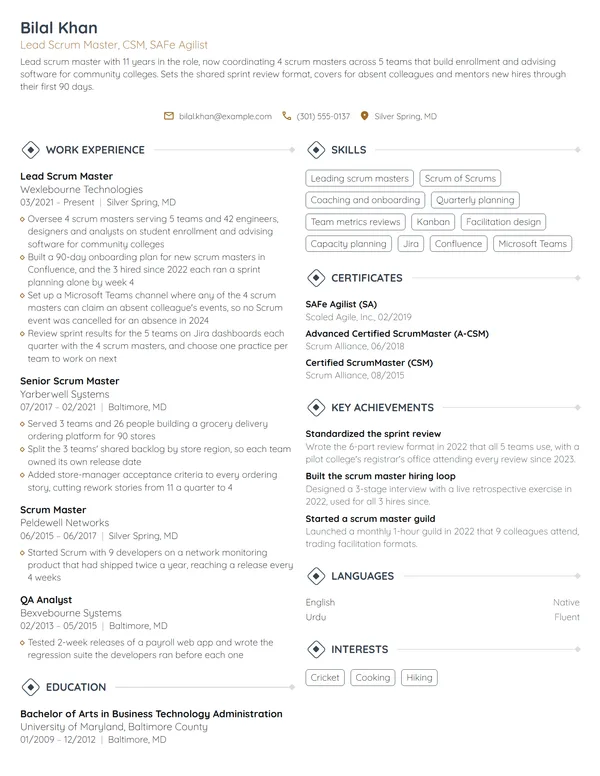 Lead Scrum Master resume example