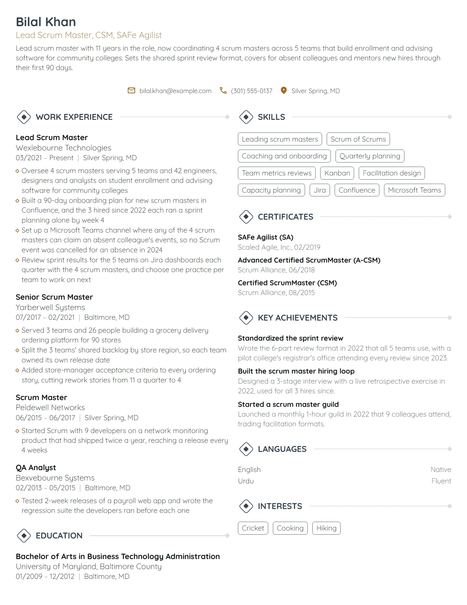 Lead Scrum Master resume example
