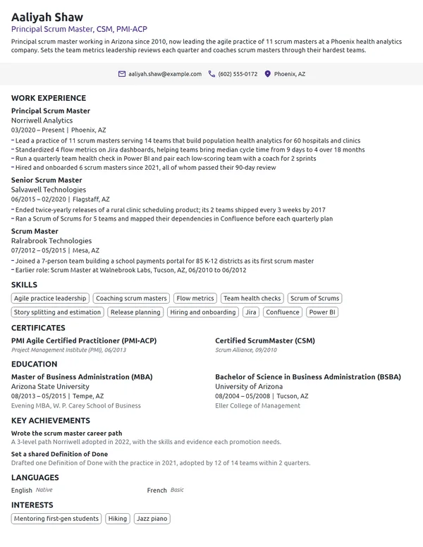 Principal Scrum Master resume example