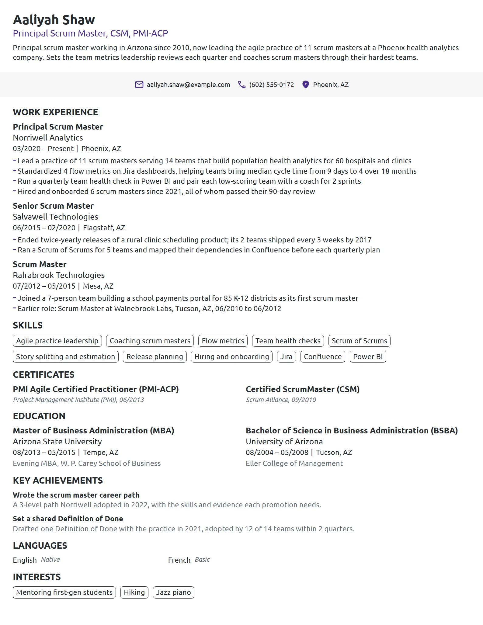 Principal Scrum Master resume example
