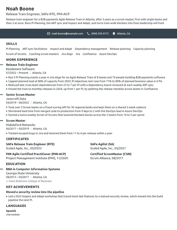 Release Train Engineer resume example