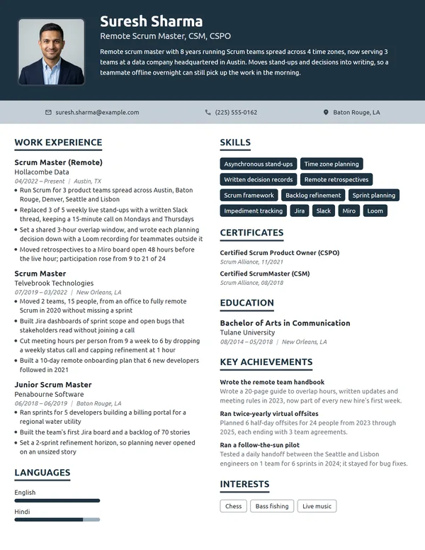 Remote Scrum Master resume example