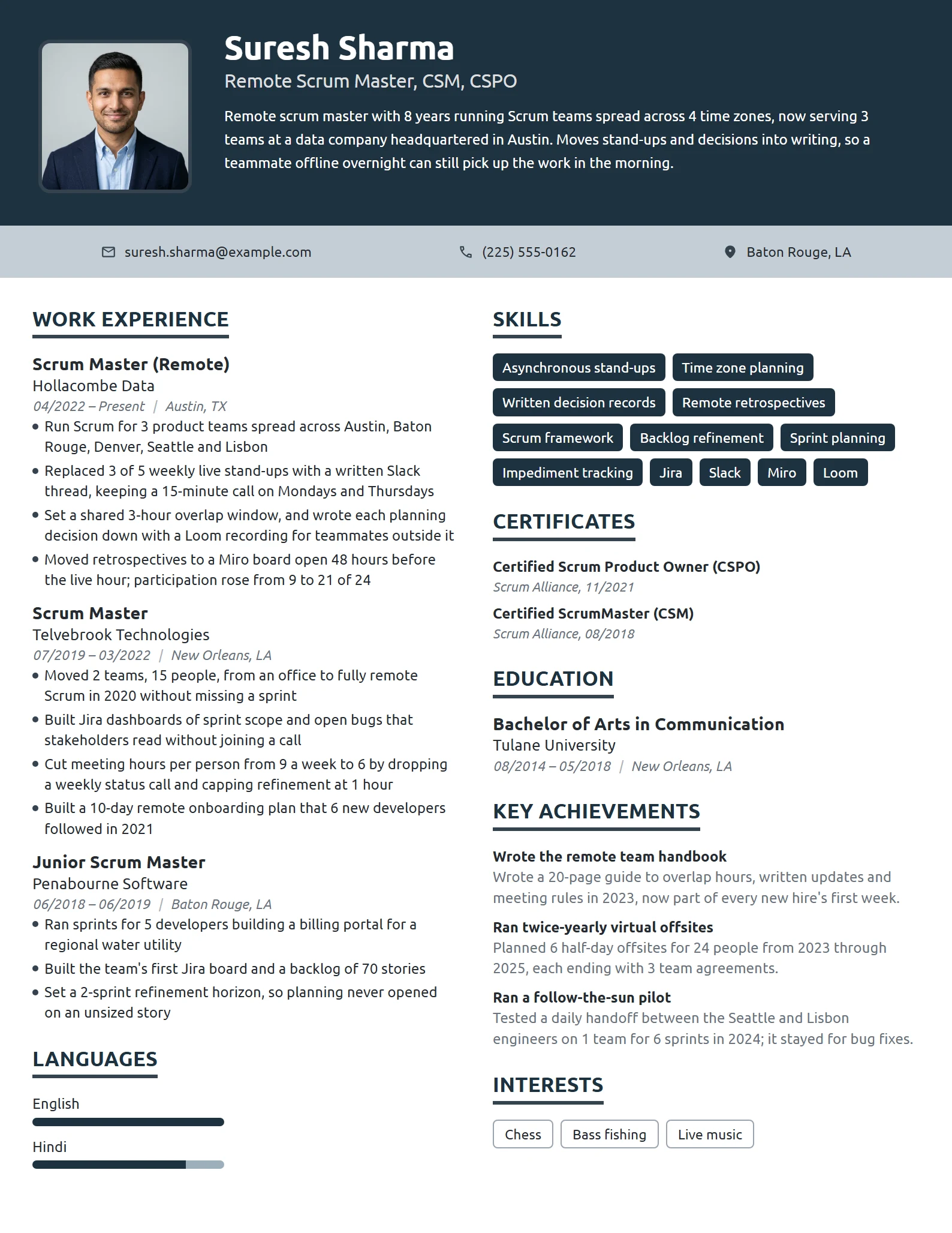 Remote Scrum Master resume example
