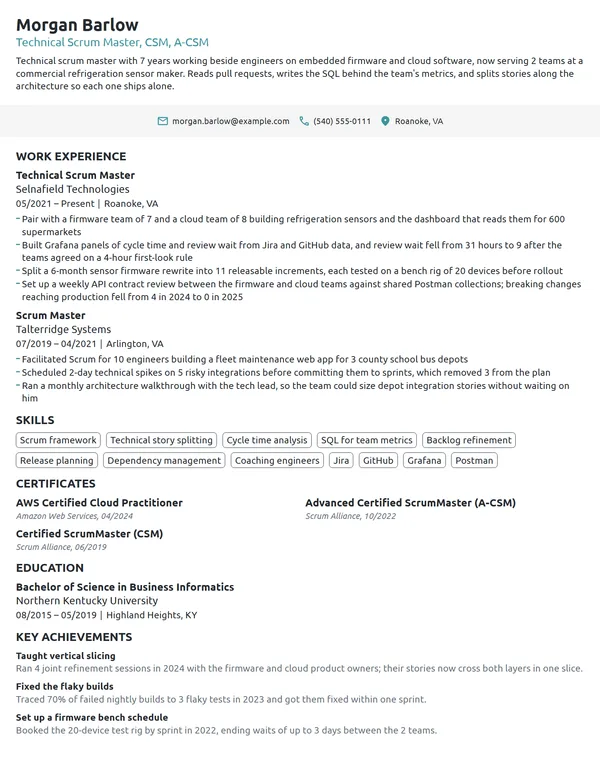Technical Scrum Master resume example