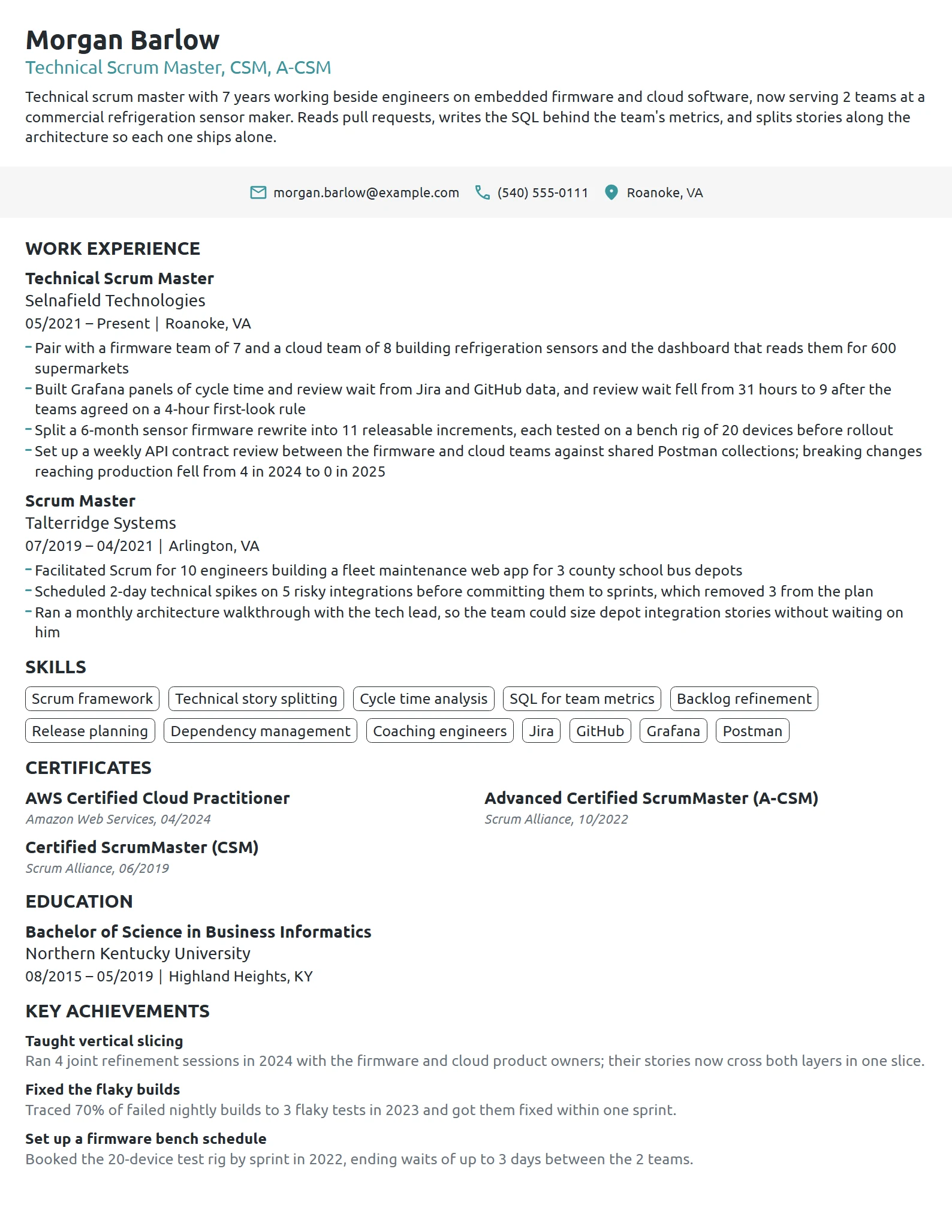 Technical Scrum Master resume example