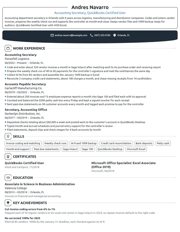 Accounting Secretary resume example